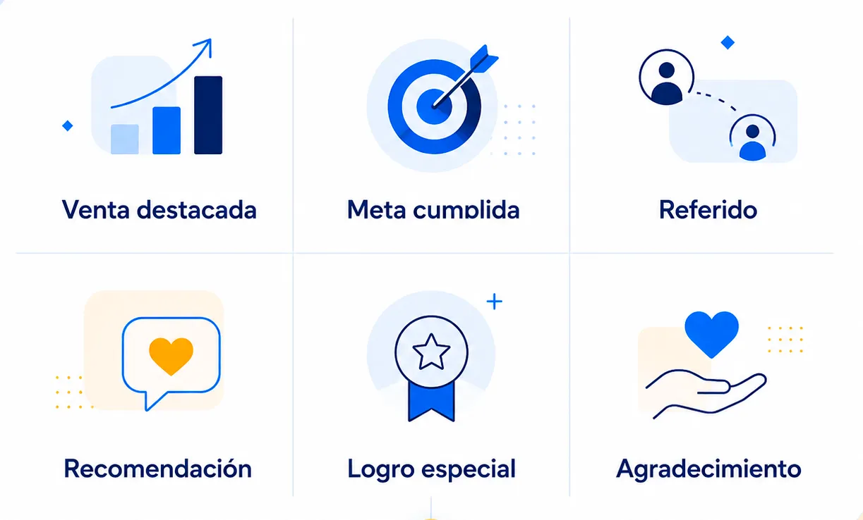 Venta destacada, meta cumplida, referido, recomendación, logro especial y agradecimiento